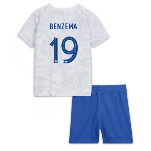 Echipament fotbal Franţa Karim Benzema #19 Tricou Deplasare Mondial 2022 pentru copii maneca scurta (+ Pantaloni scurti)